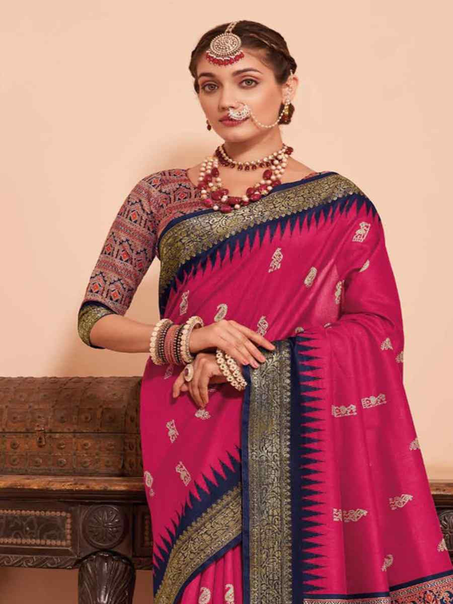 Rani Pink Silk Handwoven Festival Wedding Heavy Border Saree