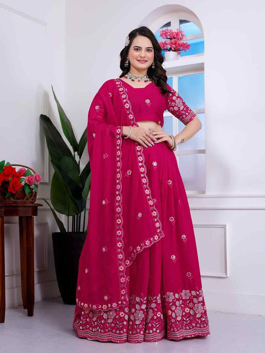 Rani Pink Star Georgette Embroidered Wedding Festival Heavy Border Lehenga Choli