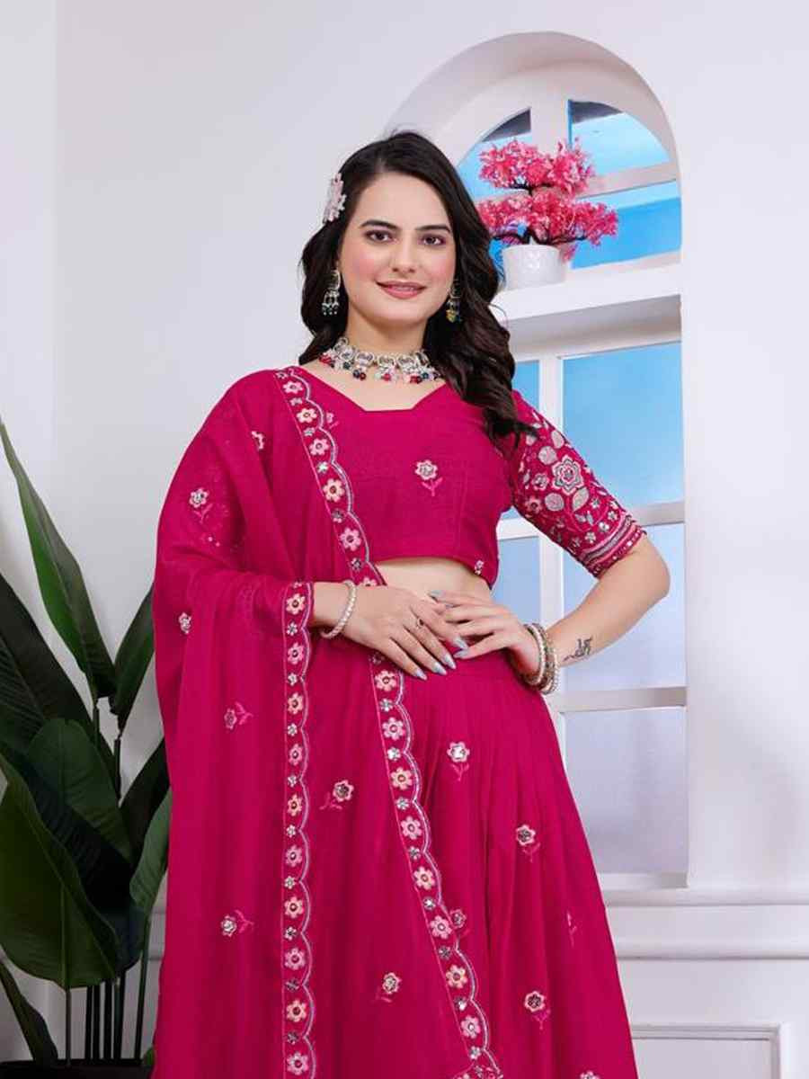 Rani Pink Star Georgette Embroidered Wedding Festival Heavy Border Lehenga Choli