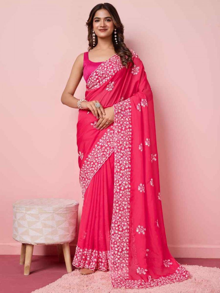Rani Pink Taby Silk Embroidered Wedding Festival Heavy Border Saree