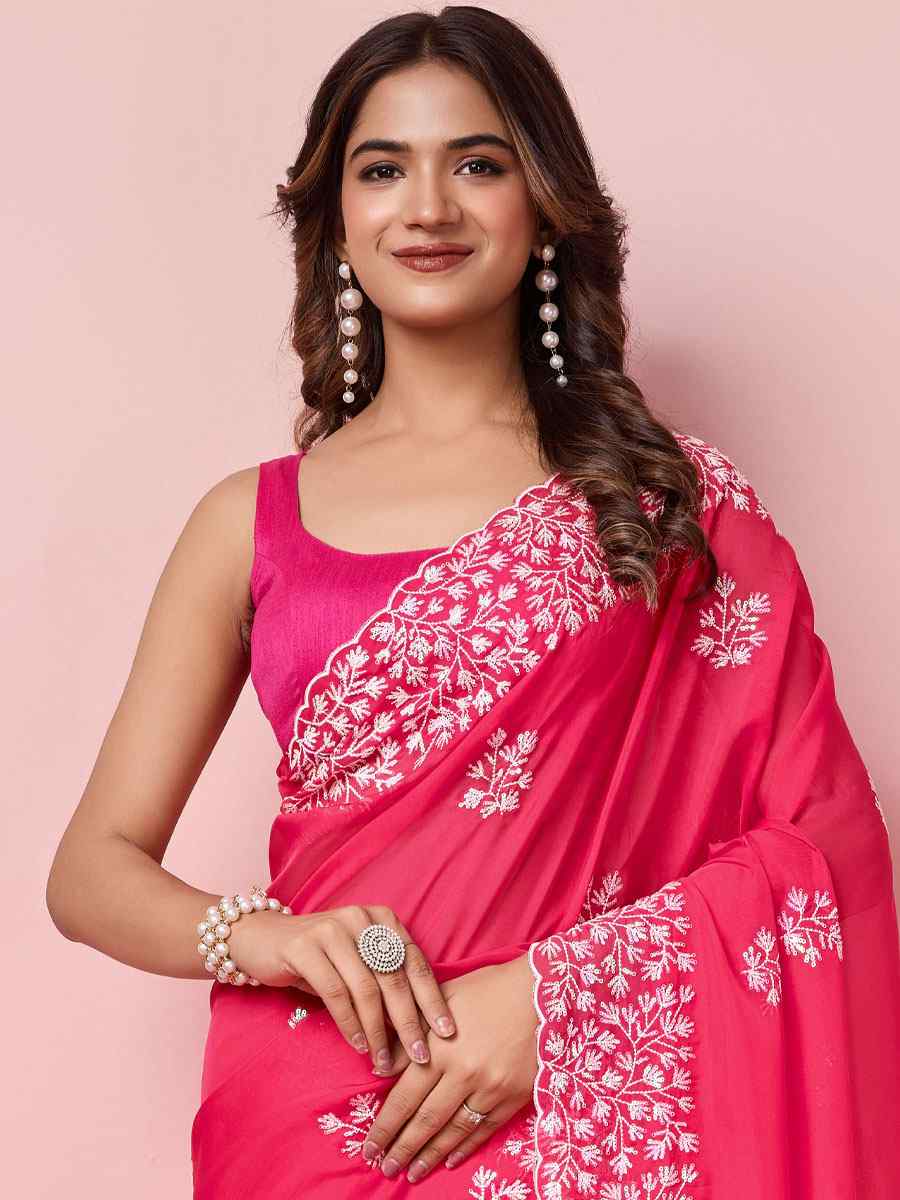 Rani Pink Taby Silk Embroidered Wedding Festival Heavy Border Saree