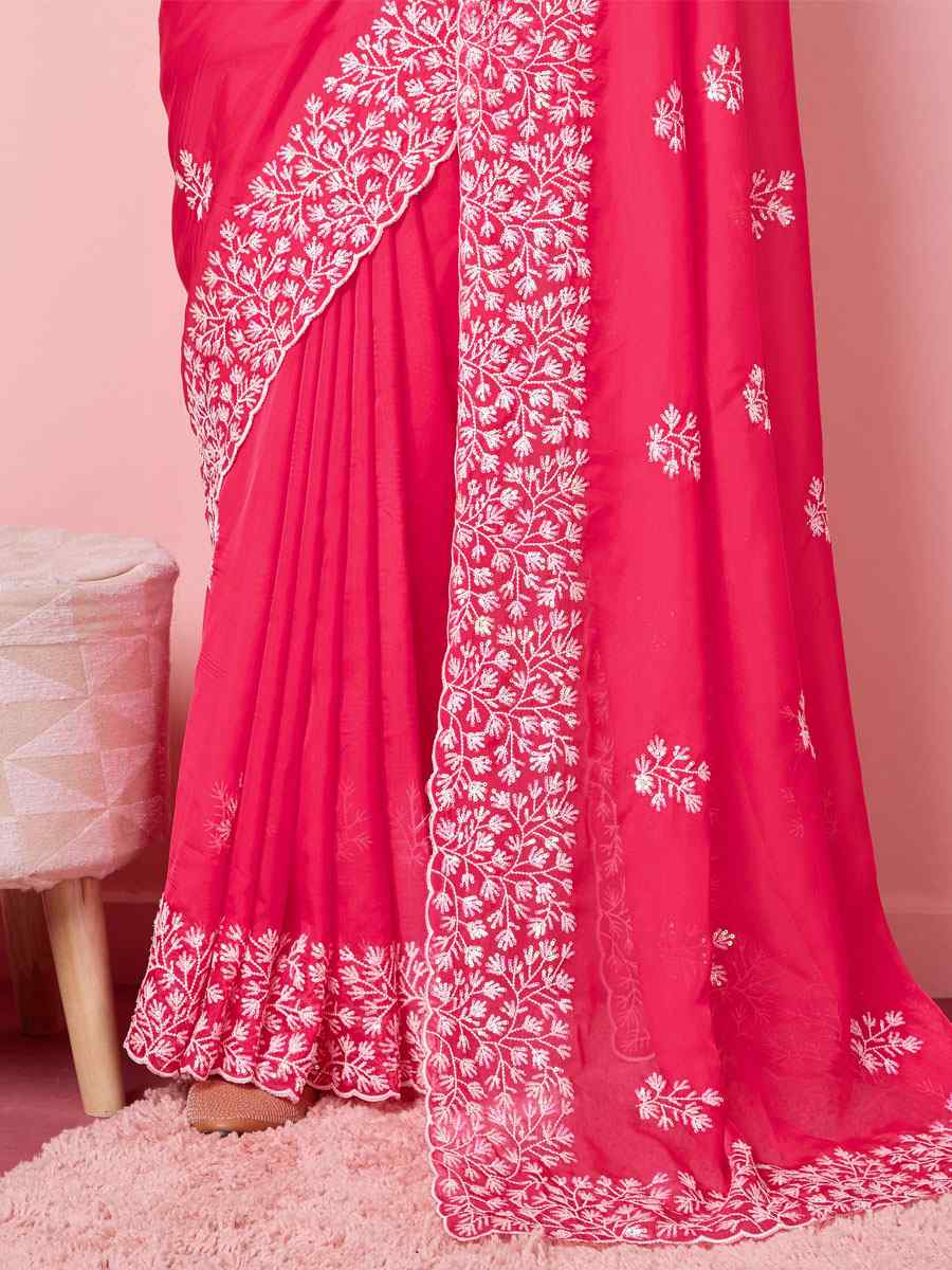 Rani Pink Taby Silk Embroidered Wedding Festival Heavy Border Saree