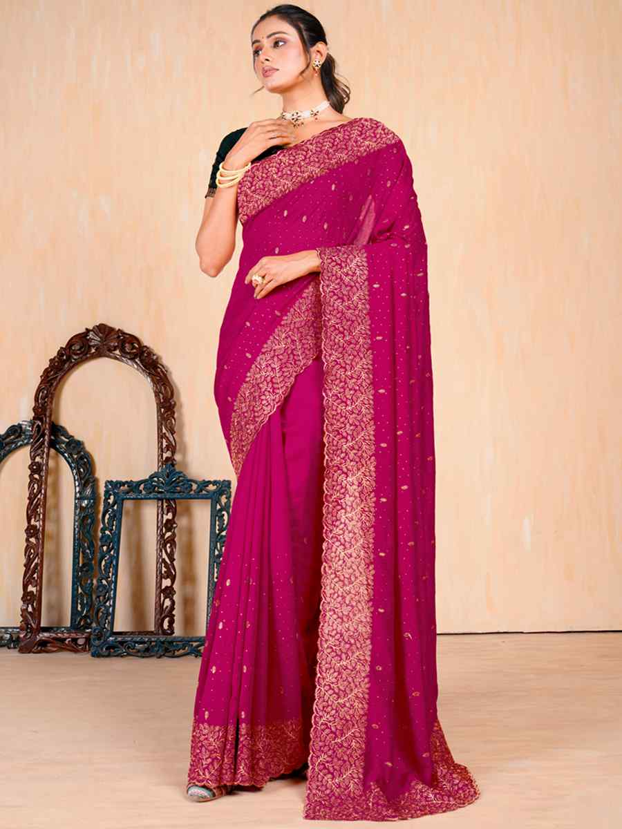 Rani Pink Vichitra Embroidered Wedding Party Heavy Border Saree