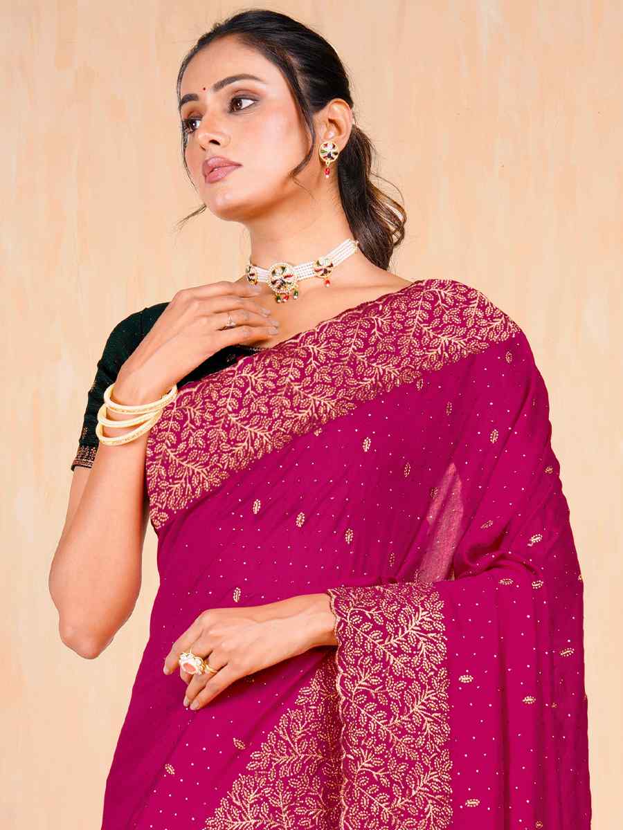 Rani Pink Vichitra Embroidered Wedding Party Heavy Border Saree