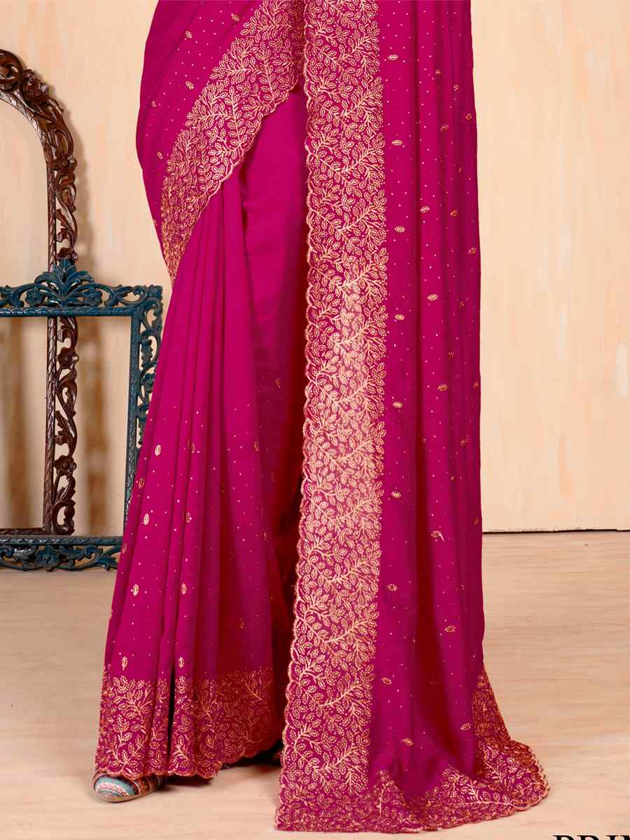 Rani Pink Vichitra Embroidered Wedding Party Heavy Border Saree