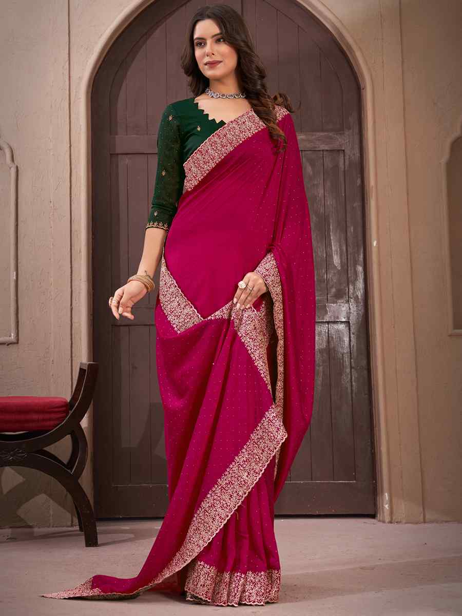 Rani Pink Vichitra Embroidered Wedding Party Heavy Border Saree