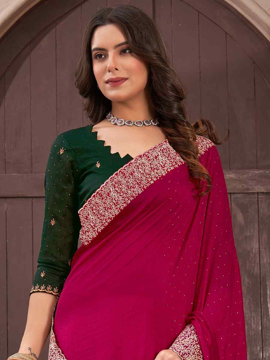 Rani Pink Vichitra Embroidered Wedding Party Heavy Border Saree