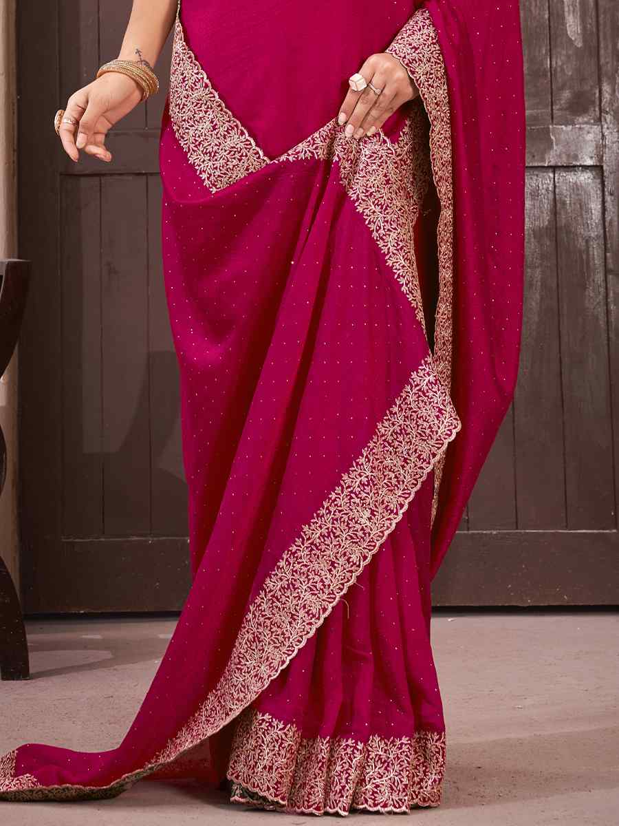 Rani Pink Vichitra Embroidered Wedding Party Heavy Border Saree