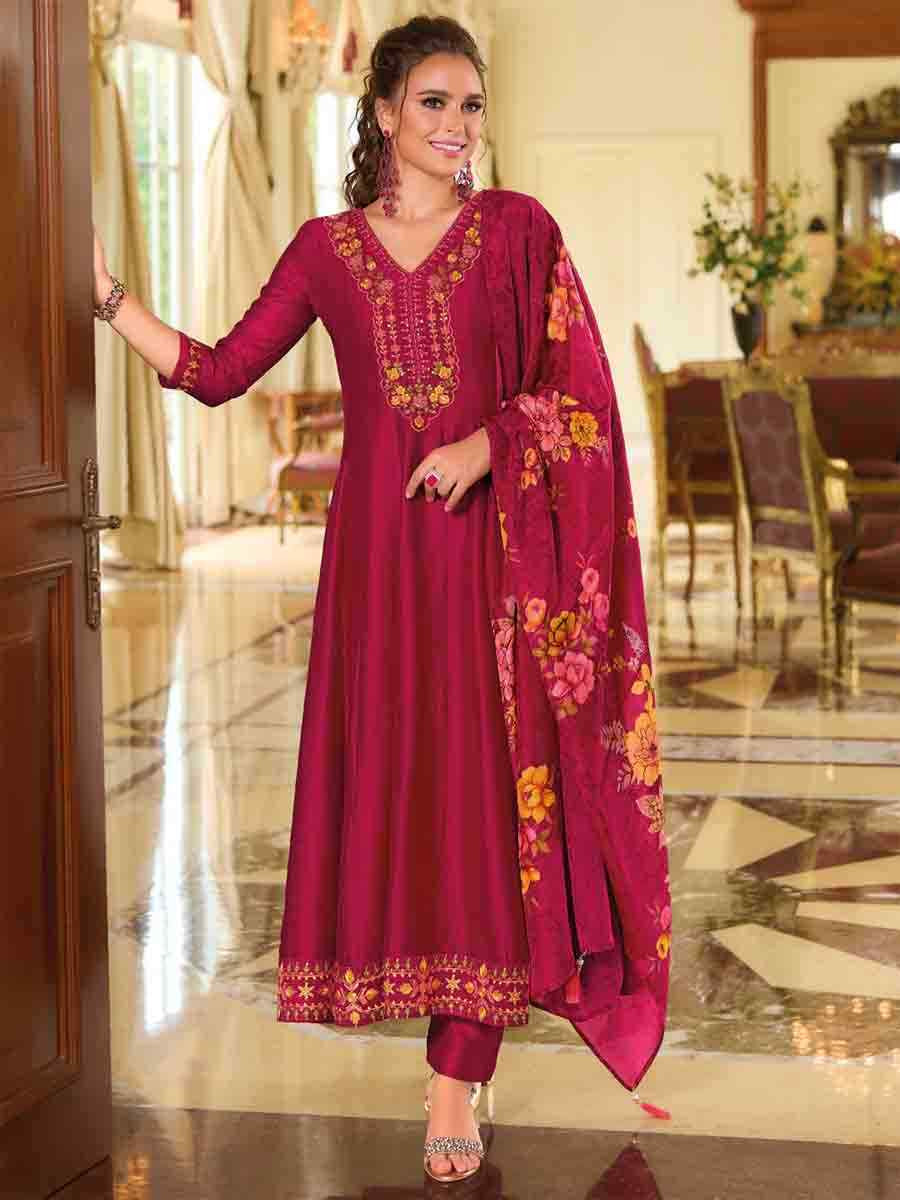 Rani Pink Vichitra Silk Embroidered Festival Casual Ready Anarkali Salwar Kameez