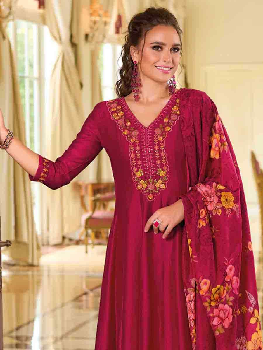 Rani Pink Vichitra Silk Embroidered Festival Casual Ready Anarkali Salwar Kameez