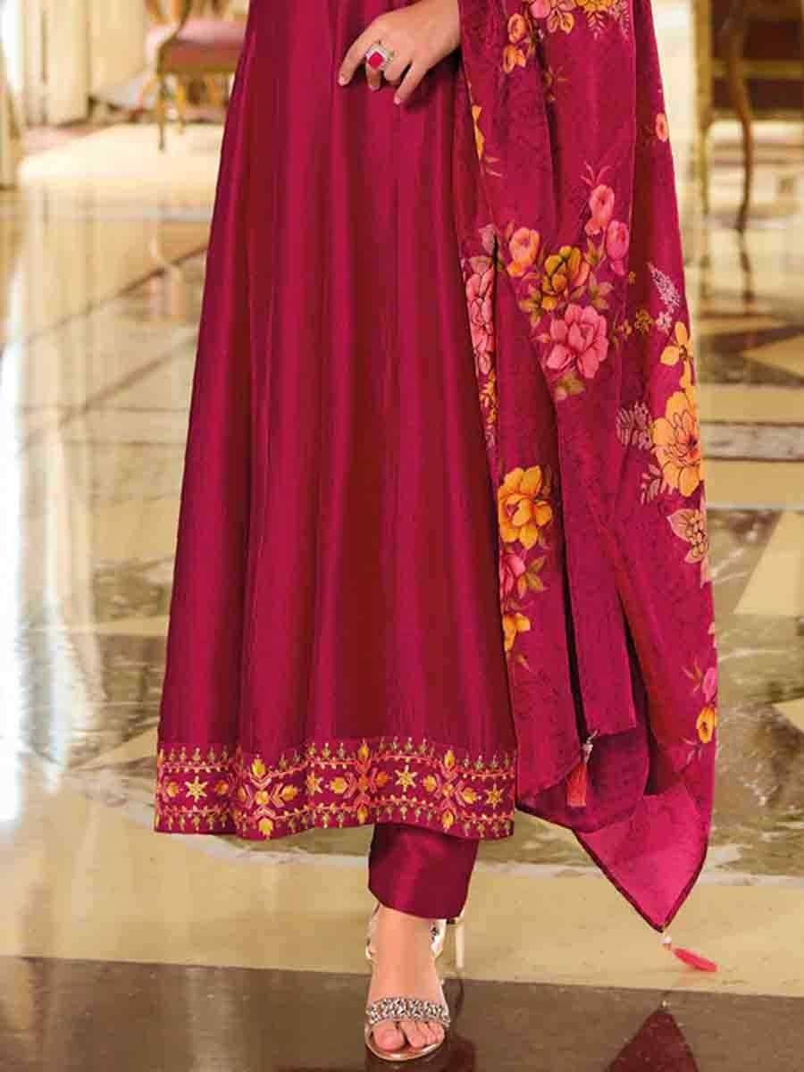 Rani Pink Vichitra Silk Embroidered Festival Casual Ready Anarkali Salwar Kameez