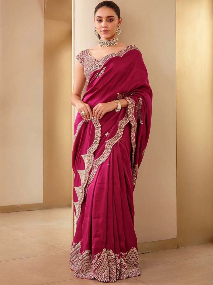 Rani Pink Vichitra Silk Embroidered Party Reception Heavy Border Saree