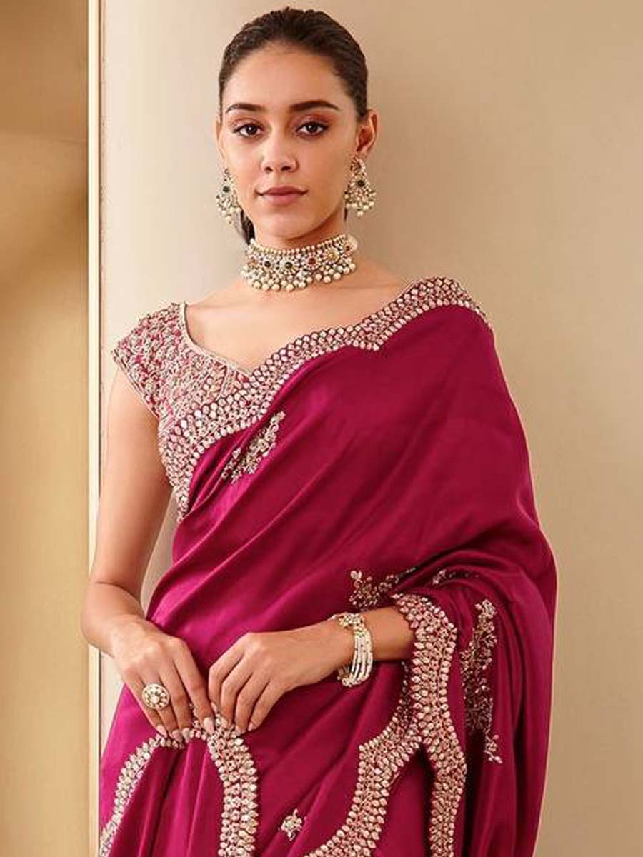 Rani Pink Vichitra Silk Embroidered Party Reception Heavy Border Saree