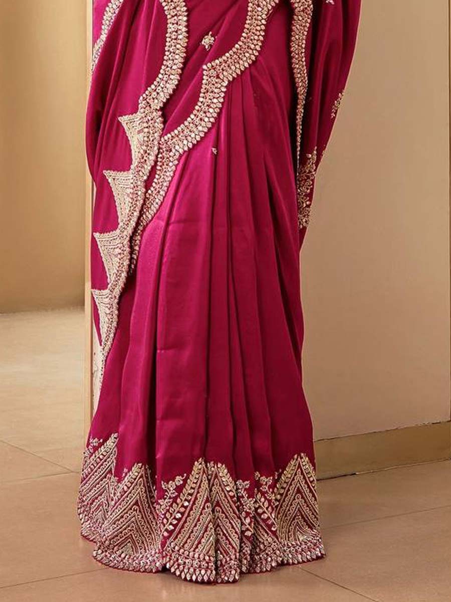 Rani Pink Vichitra Silk Embroidered Party Reception Heavy Border Saree