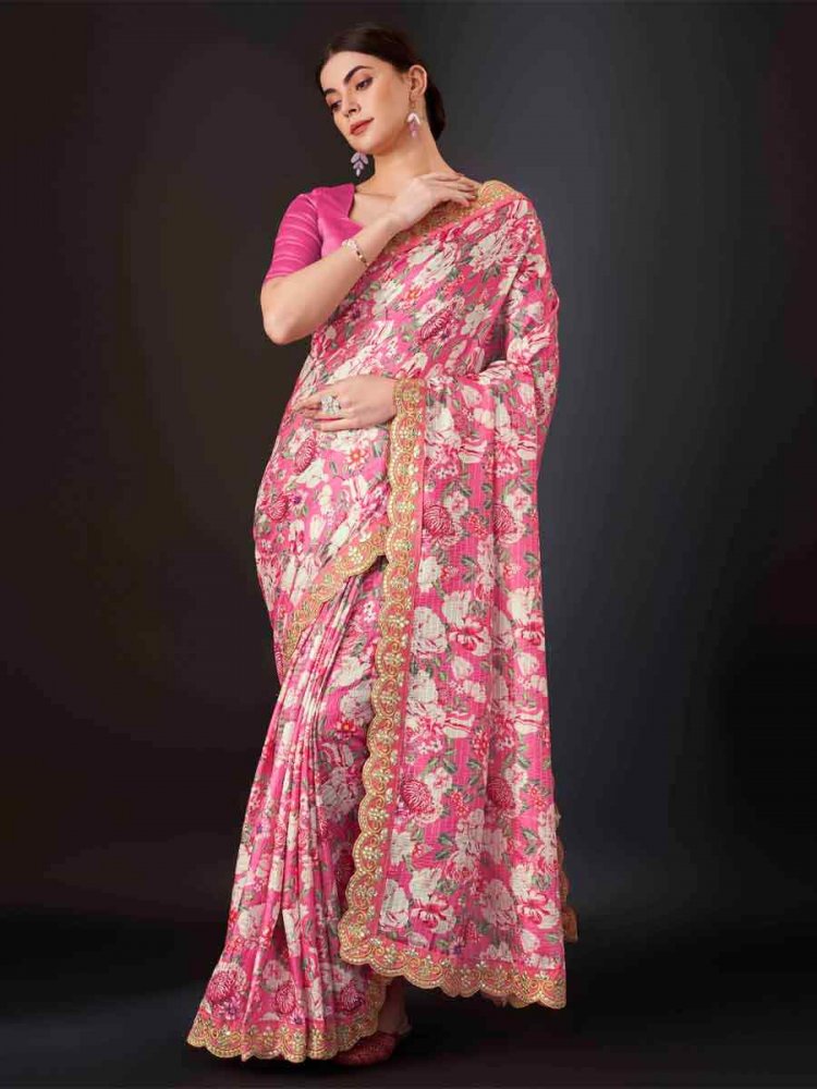 Rani Pink Vichitra Silk Printed Festival Casual Contemporary Saree