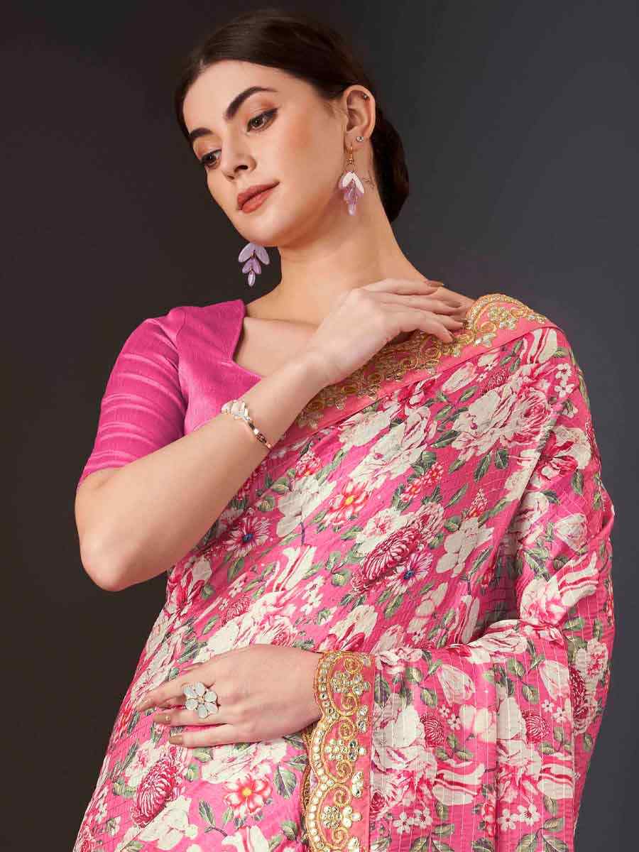 Rani Pink Vichitra Silk Printed Festival Casual Contemporary Saree