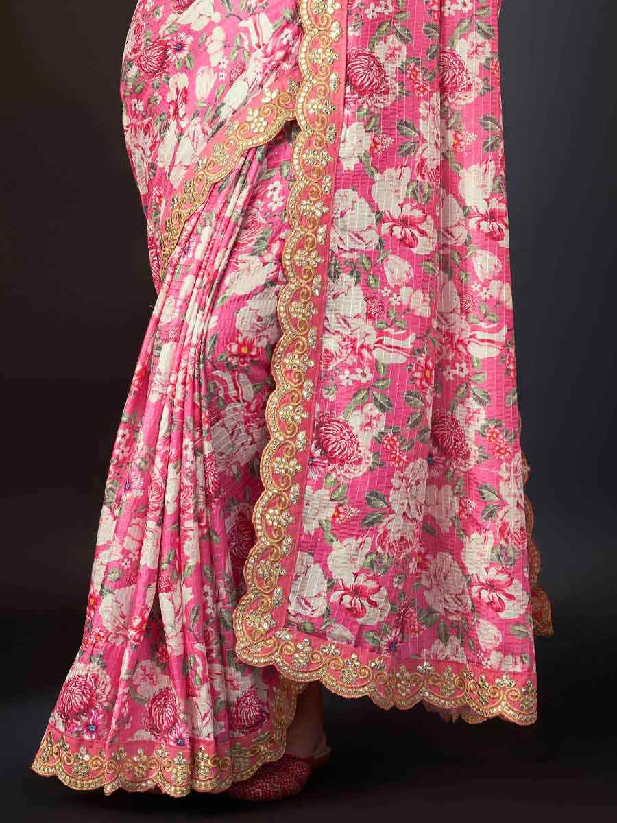 Rani Pink Vichitra Silk Printed Festival Casual Contemporary Saree