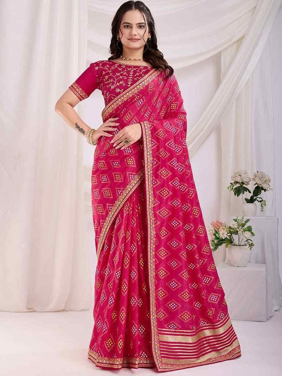 Rani Pink Vichitra Silk Printed Festival Wedding Contemporary Saree