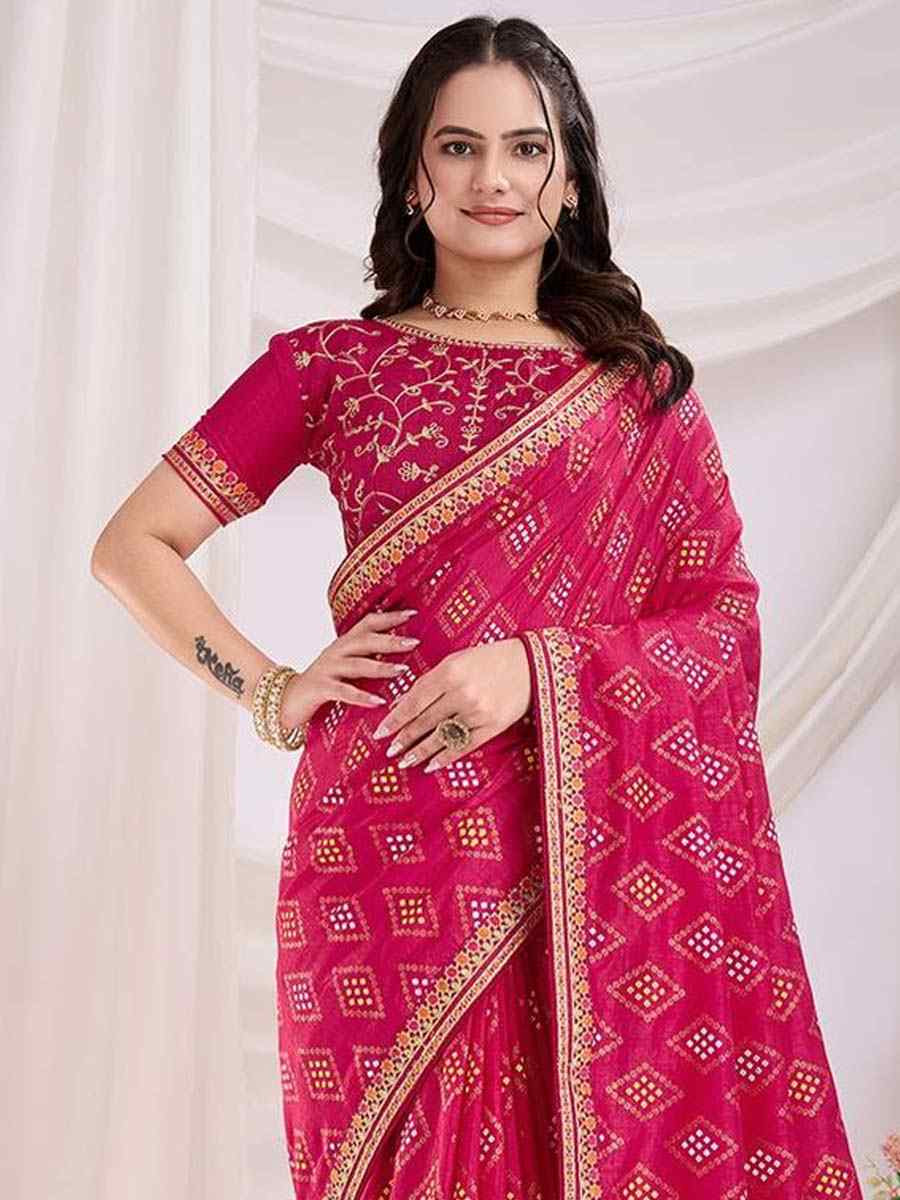 Rani Pink Vichitra Silk Printed Festival Wedding Contemporary Saree