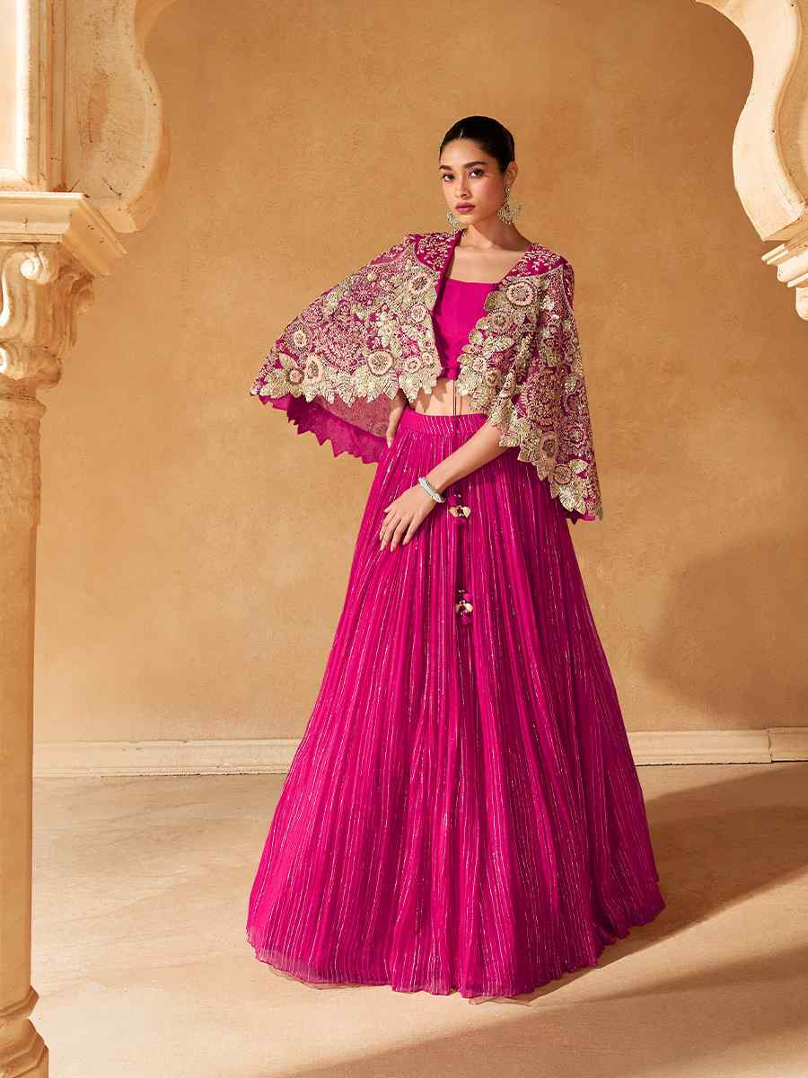 Rani Pink Viscos Jacquard Embroidered Reception Wedding Lehenga Choli With Jacket