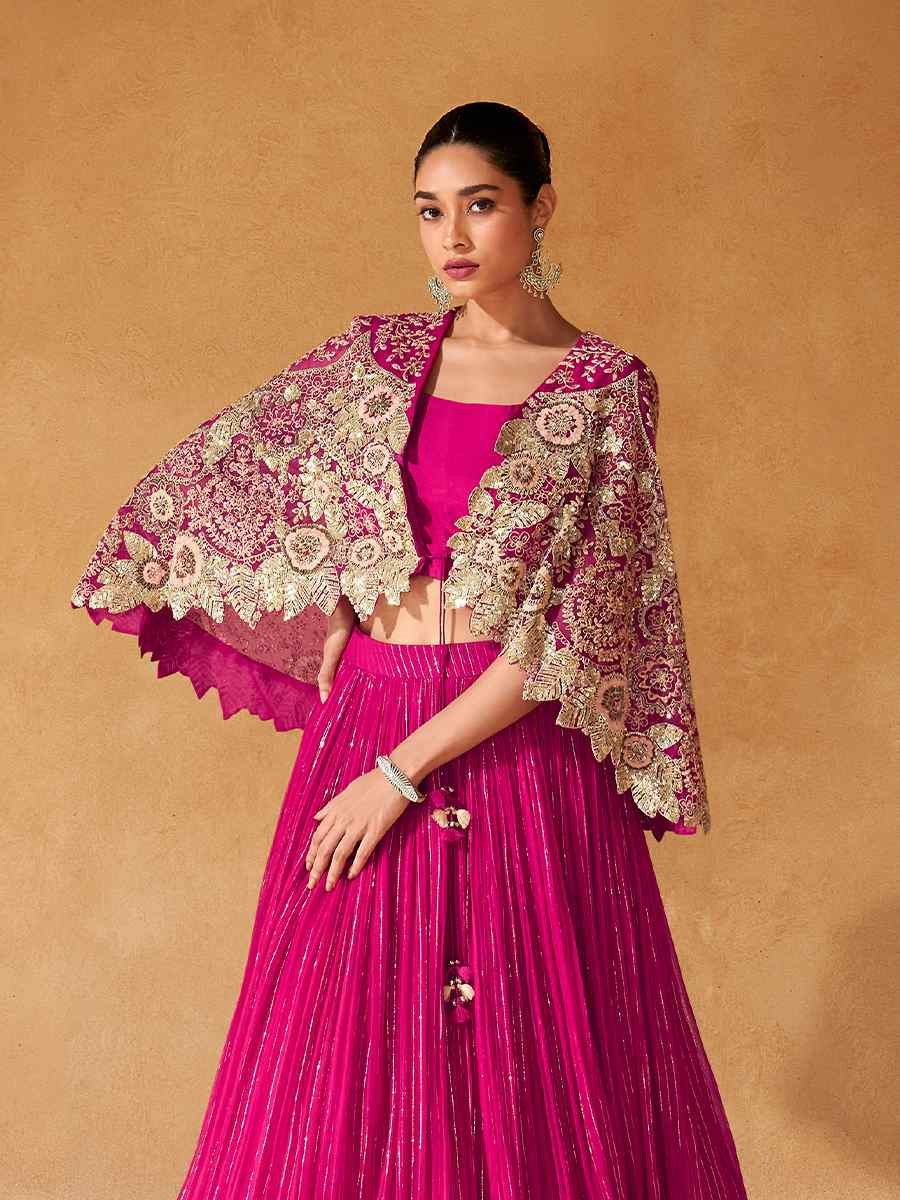 Rani Pink Viscos Jacquard Embroidered Reception Wedding Lehenga Choli With Jacket