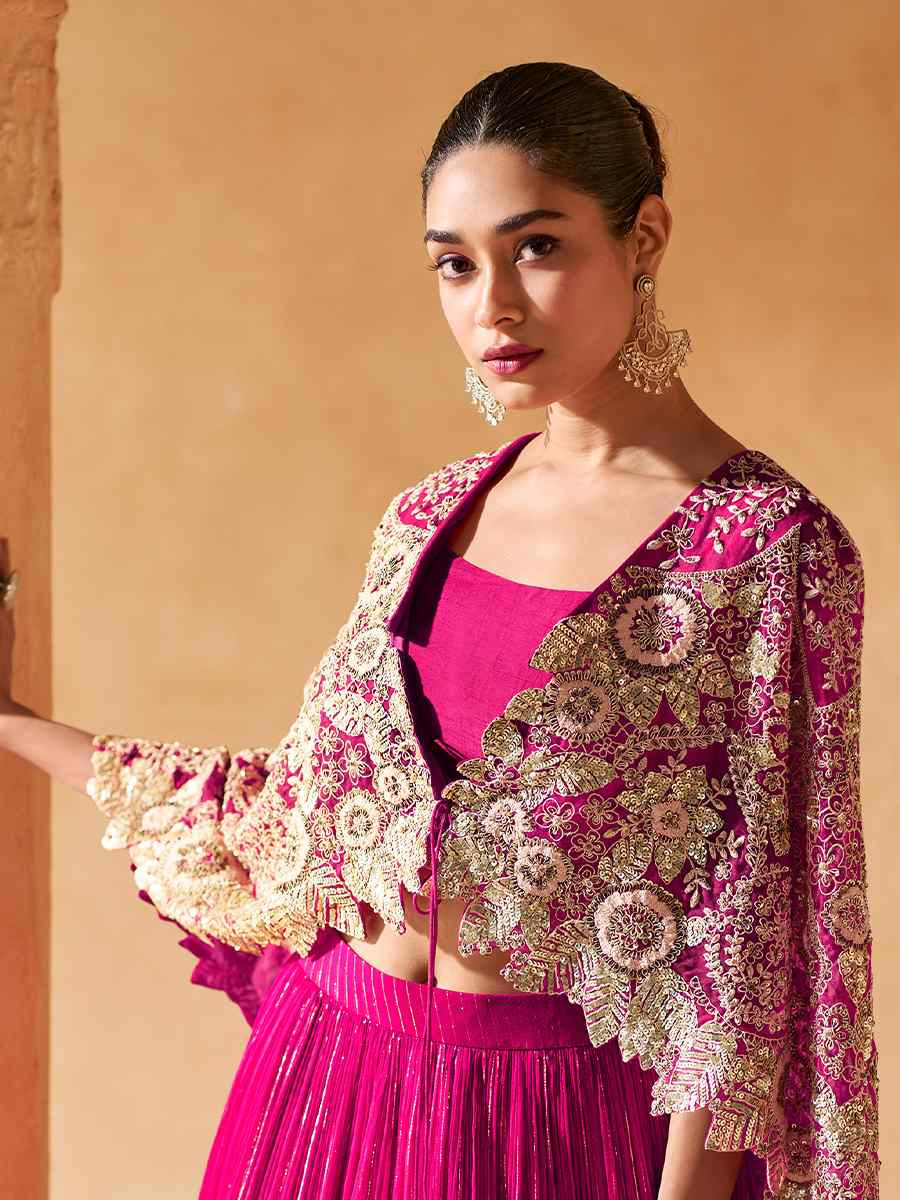 Rani Pink Viscos Jacquard Embroidered Reception Wedding Lehenga Choli With Jacket