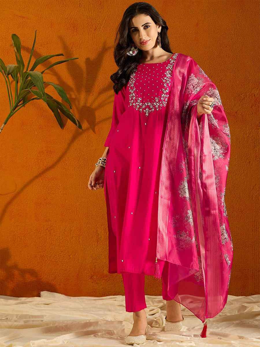 Rani Pink Viscose Chanderi Embroidered Party Casual Ready Pant Salwar Kameez