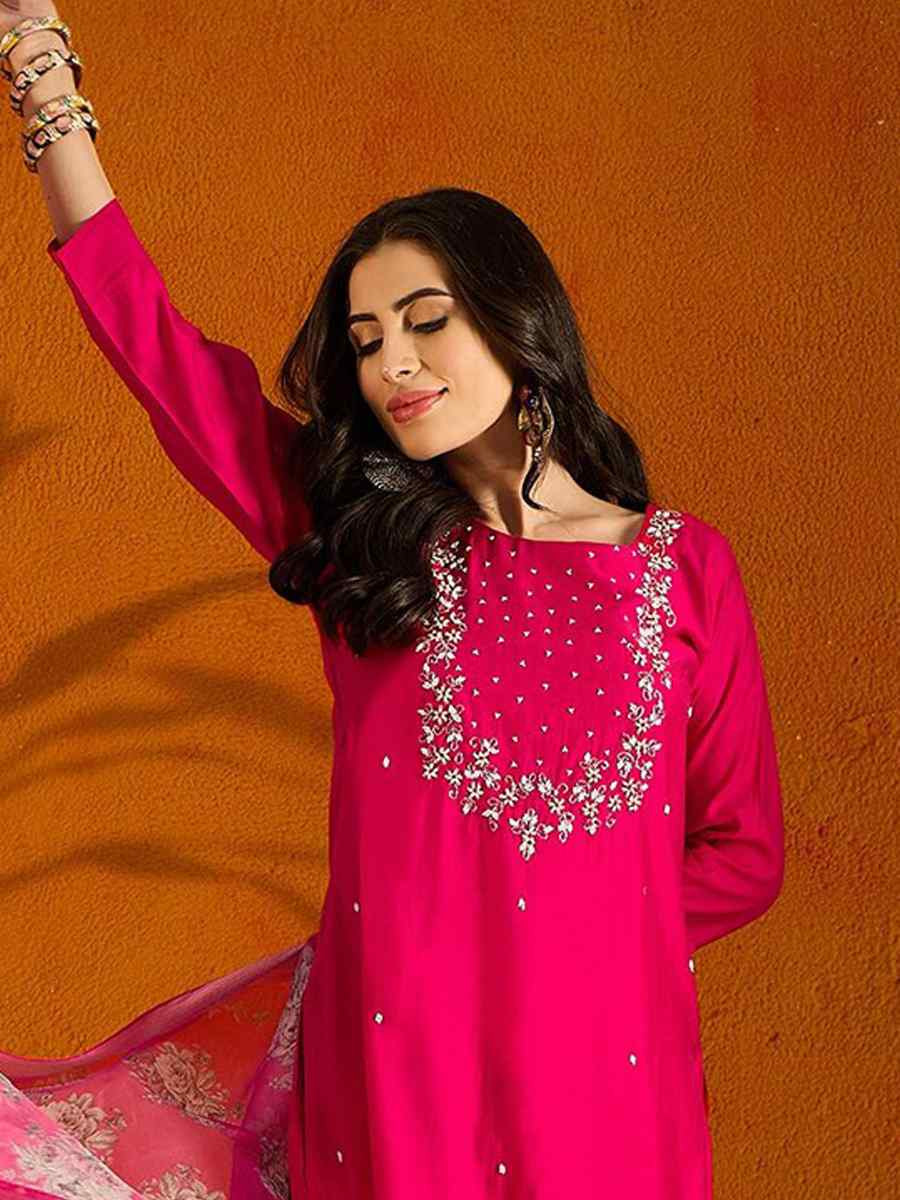 Rani Pink Viscose Chanderi Embroidered Party Casual Ready Pant Salwar Kameez