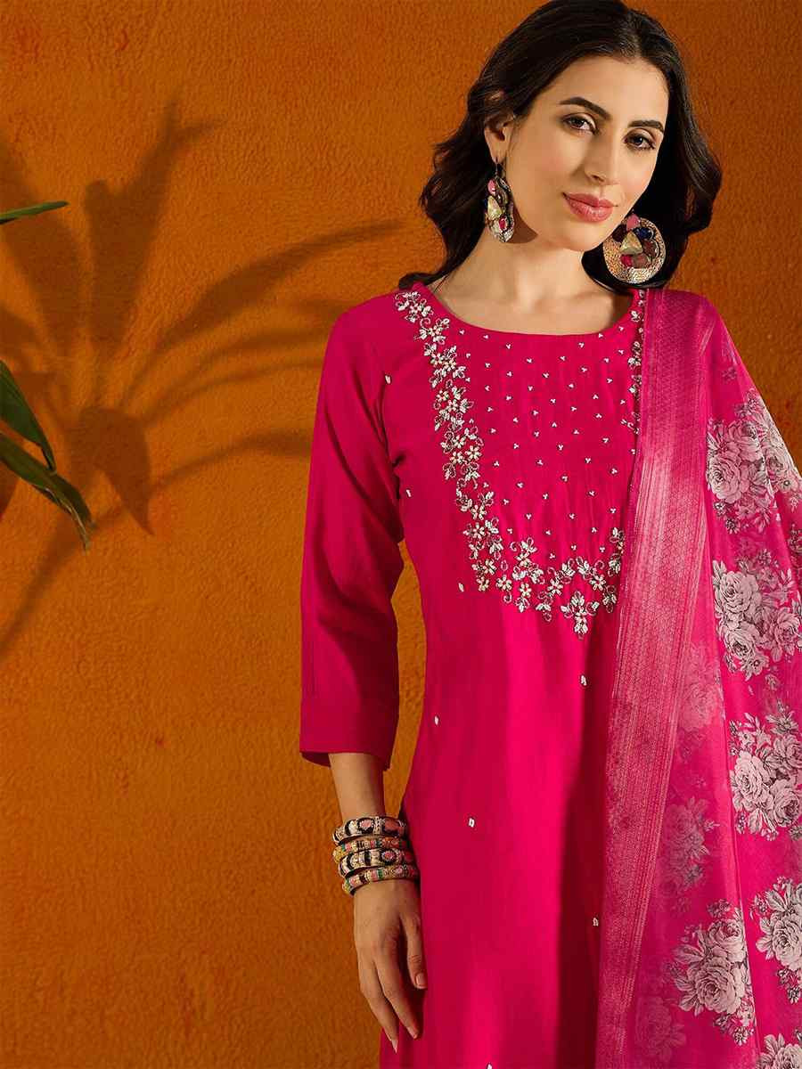 Rani Pink Viscose Chanderi Embroidered Party Casual Ready Pant Salwar Kameez