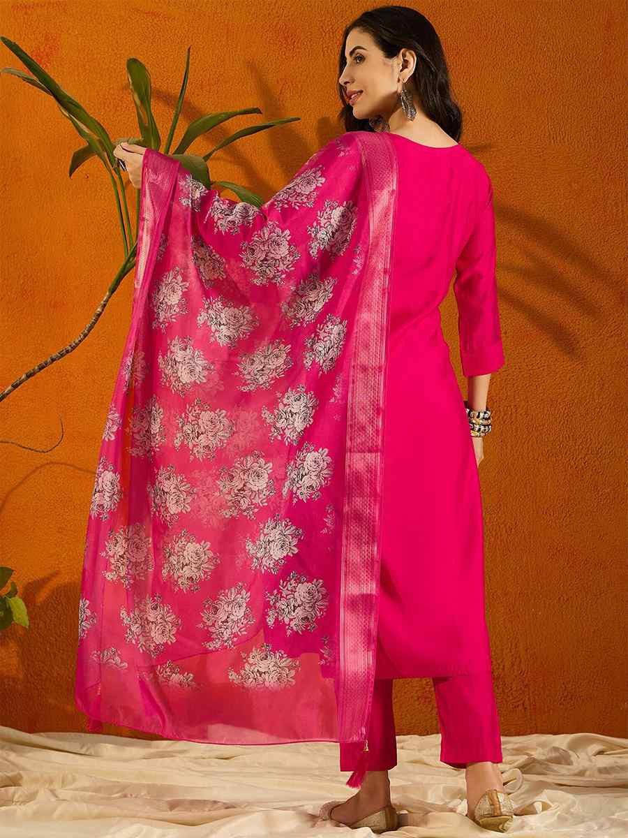 Rani Pink Viscose Chanderi Embroidered Party Casual Ready Pant Salwar Kameez