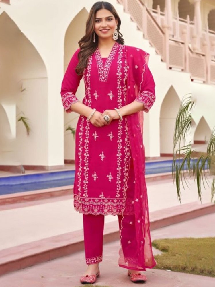Rani Pink Viscose Roman Silk Embroidered Festival Casual Ready Pant Salwar Kameez