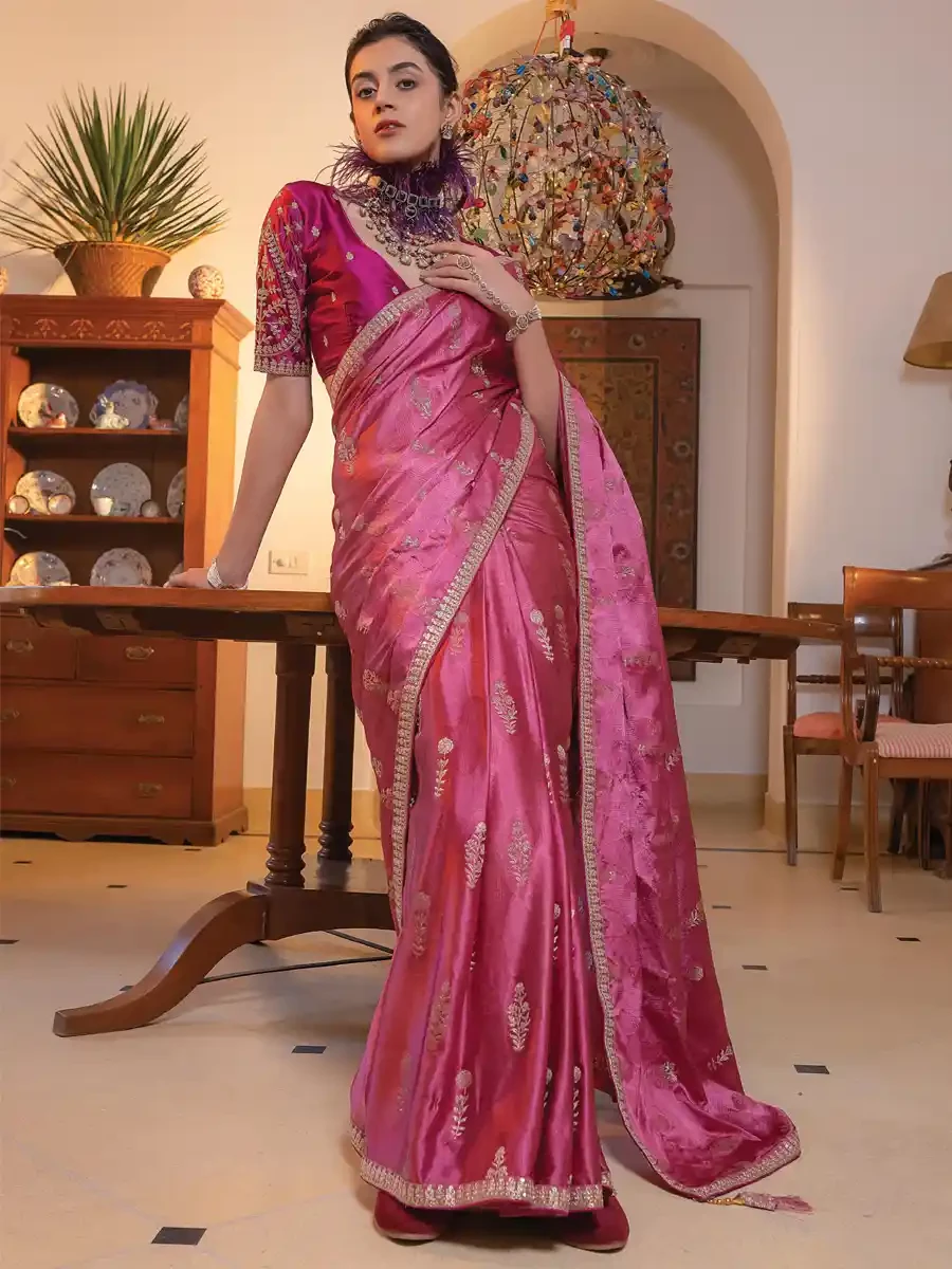 Rani Pink Viscose Satin Silk Embroidered Reception Party Heavy Border Saree