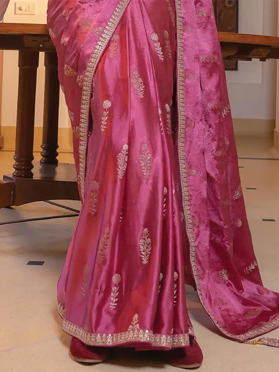 Rani Pink Viscose Satin Silk Embroidered Reception Party Heavy Border Saree