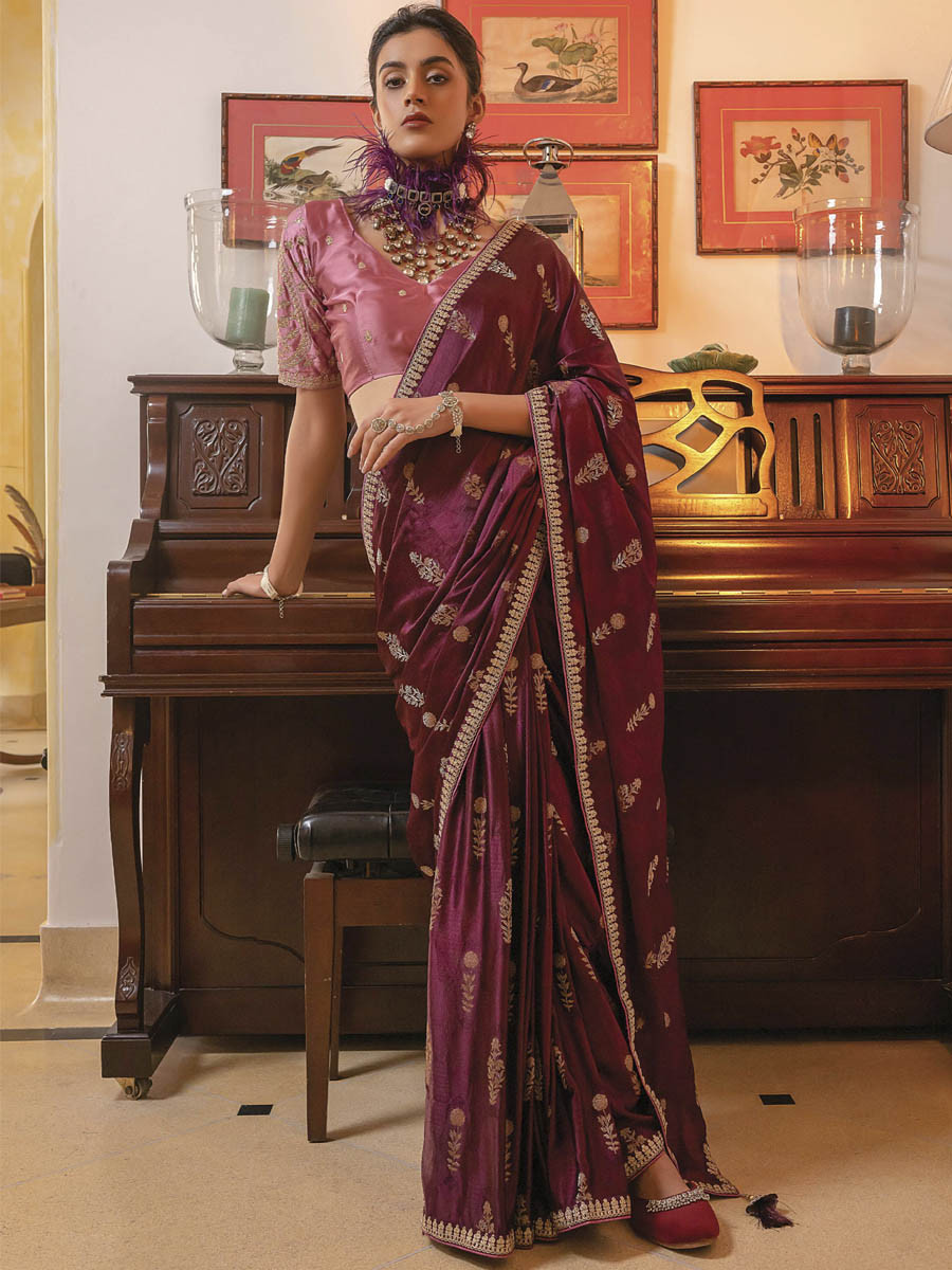 Rani Pink Viscose Satin Silk Embroidery Festival Casual Classic Style Saree