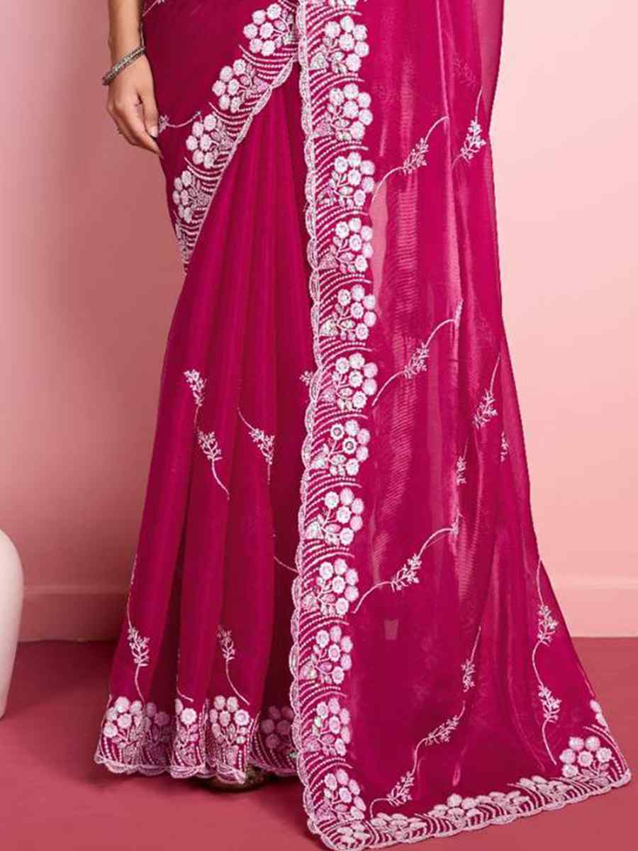 Rani Pink Zimmy Chu Silk Embroidered Wedding Party Heavy Border Saree