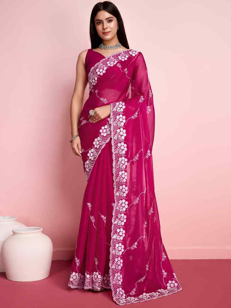 Rani Pink Zimmy Chu Silk Embroidered Wedding Party Heavy Border Saree