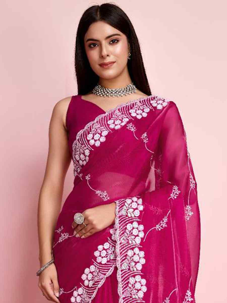 Rani Pink Zimmy Chu Silk Embroidered Wedding Party Heavy Border Saree