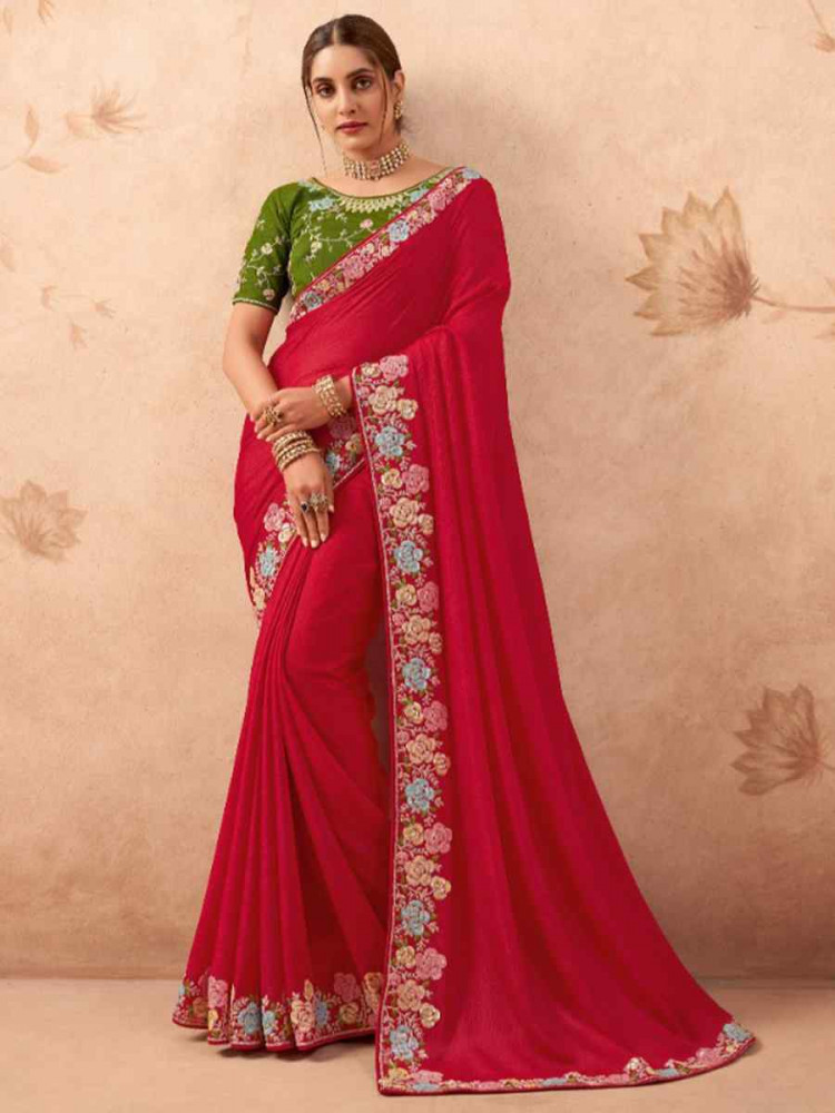 Red Art Silk Embroidered Festival Wedding Heavy Border Saree