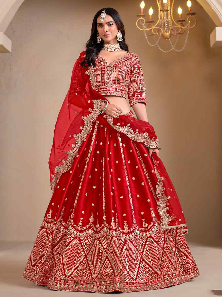 Red Art Silk Embroidered Wedding Festival Heavy Border Lehenga Choli