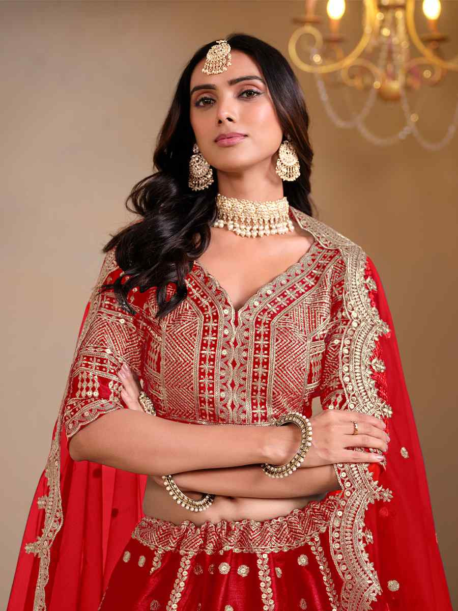 Red Art Silk Embroidered Wedding Festival Heavy Border Lehenga Choli