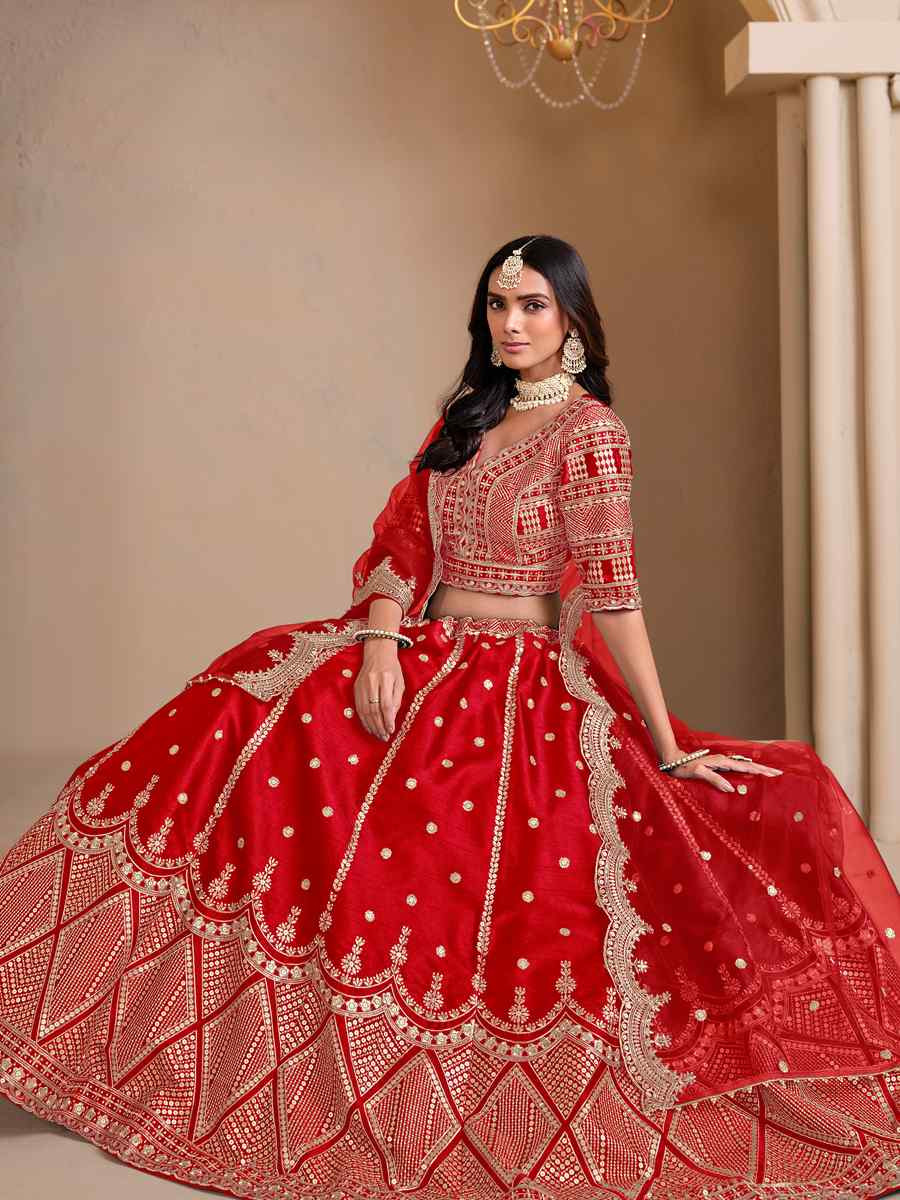 Red Art Silk Embroidered Wedding Festival Heavy Border Lehenga Choli