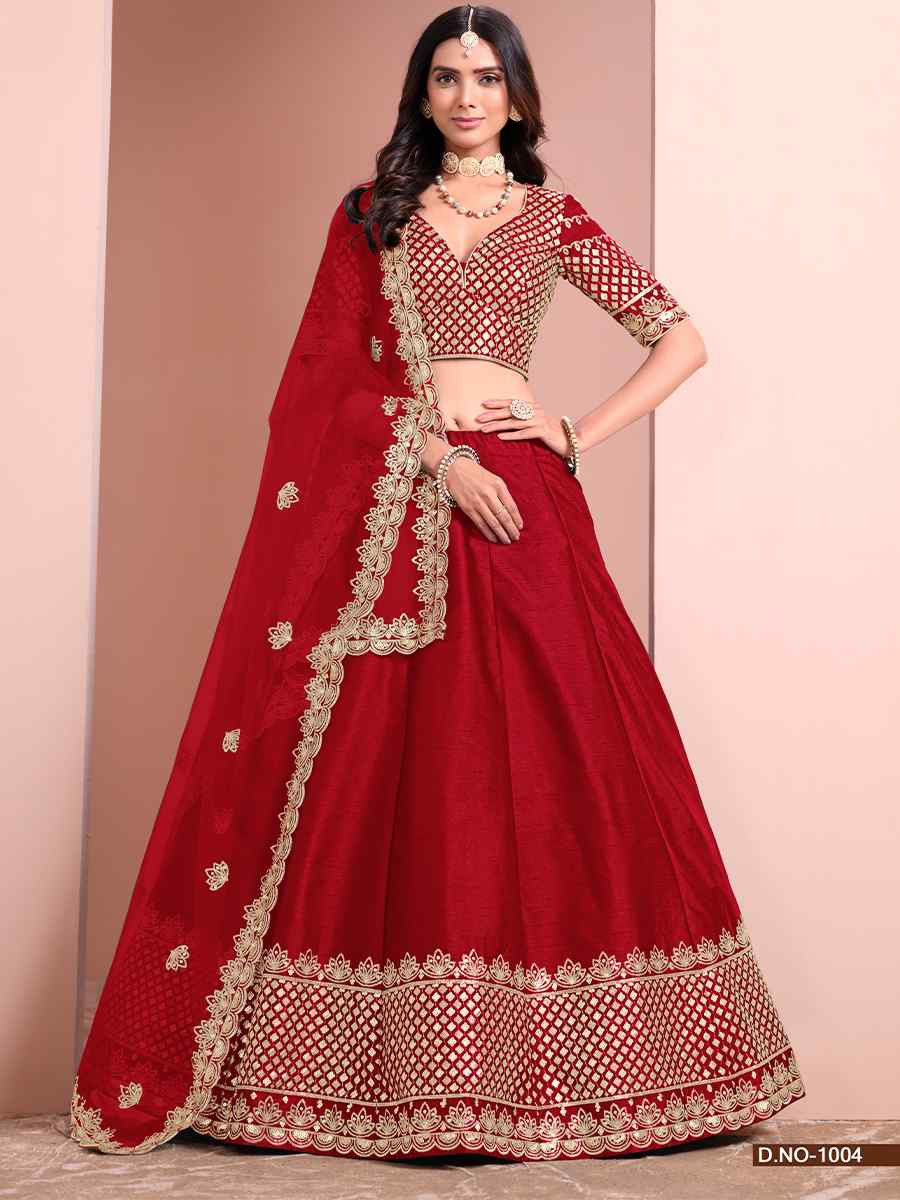 Red Art Silk Embroidery Reception Party Wear Heavy Border Lehenga Choli