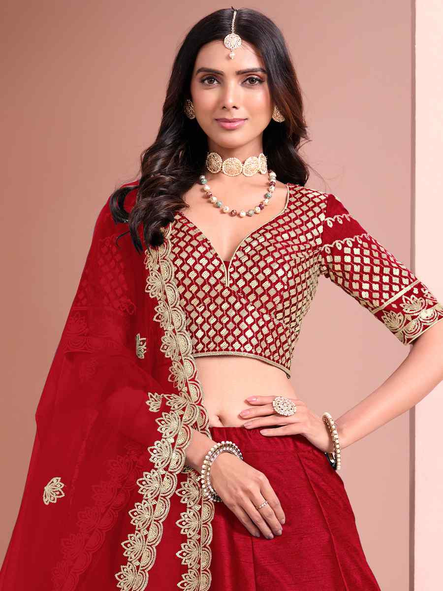 Red Art Silk Embroidery Reception Party Wear Heavy Border Lehenga Choli