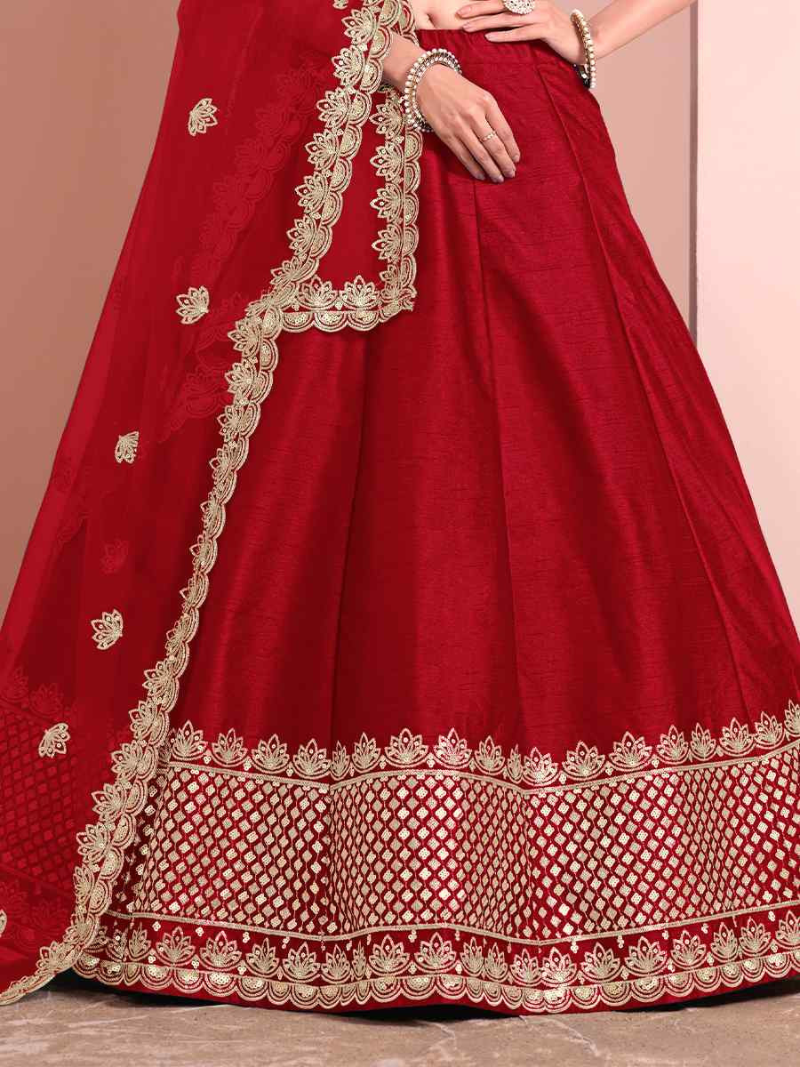 Red Art Silk Embroidery Reception Party Wear Heavy Border Lehenga Choli