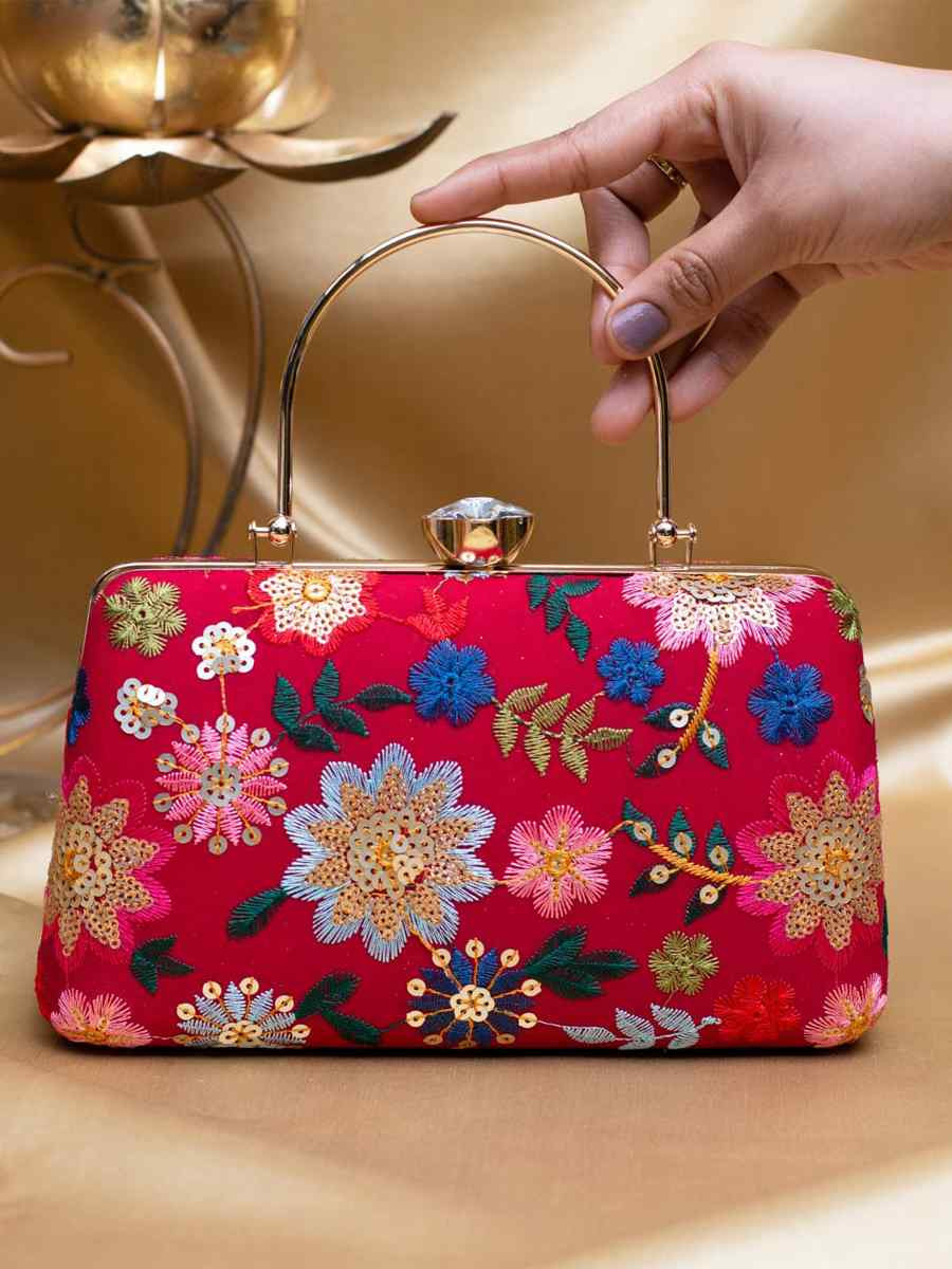 Red Art Silk Party Wear Embroidered Clutches