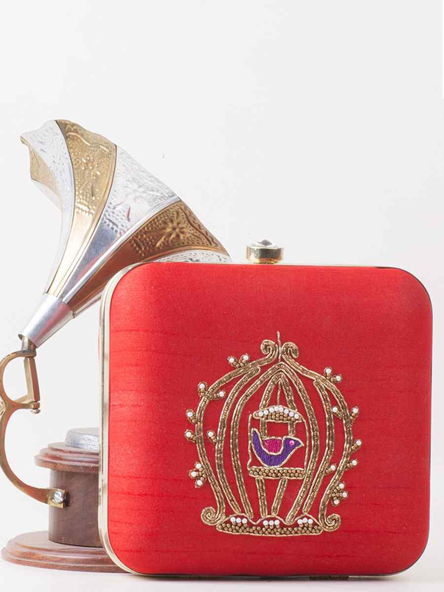 Red Art Silk Party Wear Embroidered Clutches