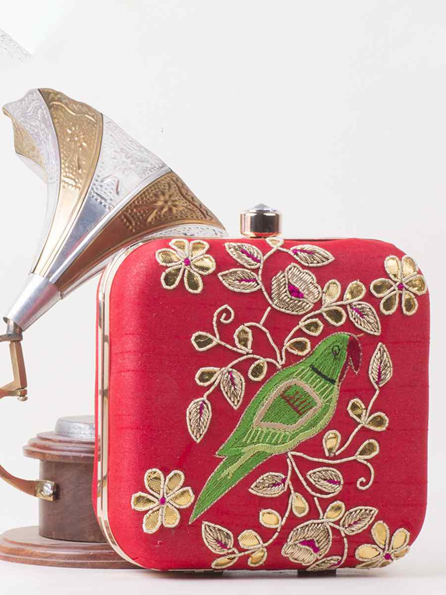 Red Art Silk Party Wear Embroidered Clutches