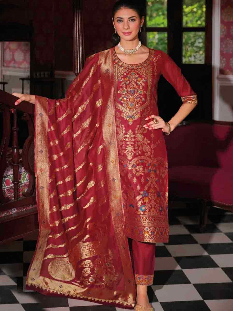 Red Banarasi Jacquard  Silk Embroidered Festival Casual Ready Pant Salwar Kameez