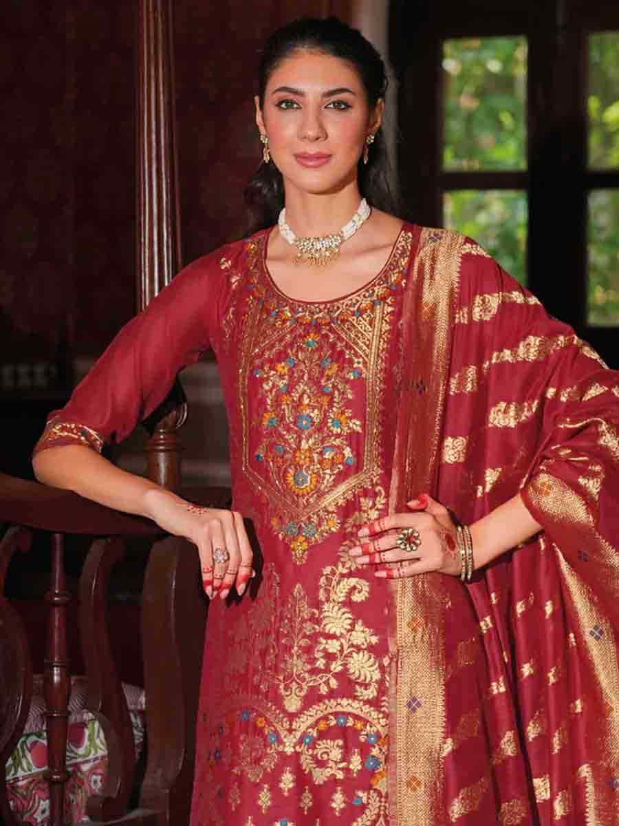 Red Banarasi Jacquard  Silk Embroidered Festival Casual Ready Pant Salwar Kameez