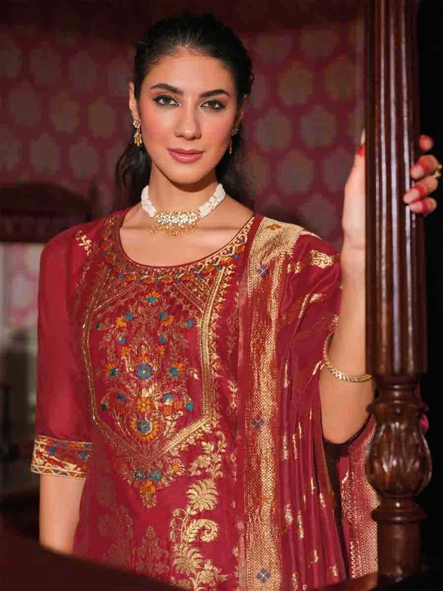 Red Banarasi Jacquard  Silk Embroidered Festival Casual Ready Pant Salwar Kameez